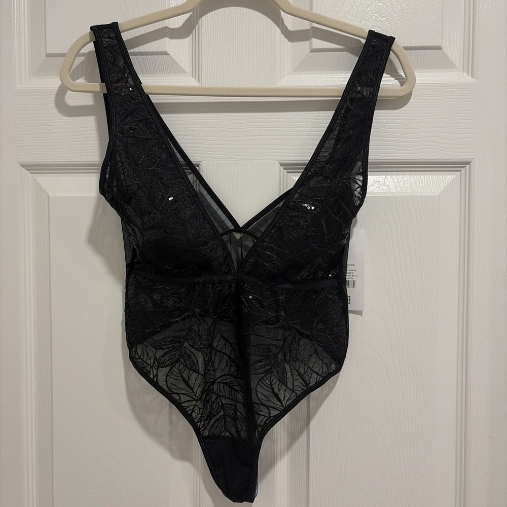 Bluebella Revolve Black Skylar Bodysuit Size  Small Sequin Plunge Sheer Mesh